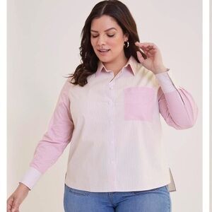 Pennington Stripped Pink Colour Block Preppy Button Down Cotton Blouse Size X